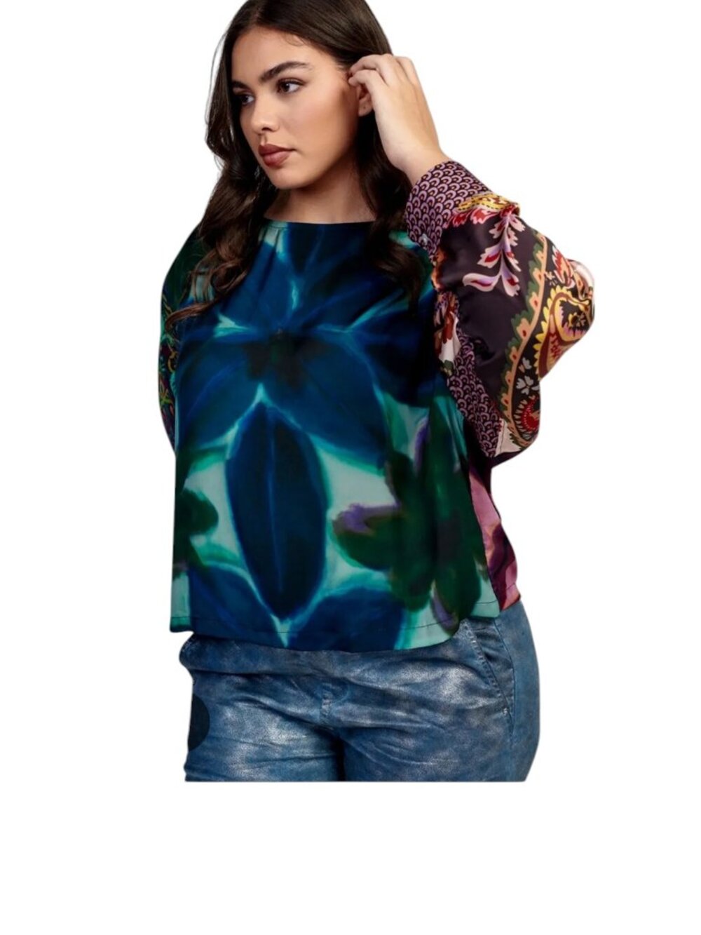 Alembika Cassandra Blouse Top Oversized Lagenlook Artsy Sz S Cornflower Print